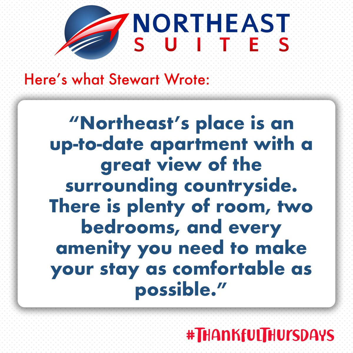 We would like to dedicate our #ThankfulThursday to our guest Stewart who wrote this glowing review! Come visit us at northeastsuites.com to test out the <a href="/rentfurnished/">Northeast Suites</a> experience!

#northeastsuites #golocal #hospitality #boston #furnishedhousing