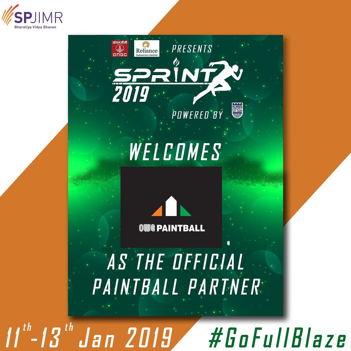 SPrint_SPJIMR's tweet photo. To give us all a thrilling experience this Sprint 19, we have our official Paintball Partner @OWGIndia!
Get your game on teams, and #GoFullBlaze!
#IamSpjimr #Vyanjan #Sprint19 https://t.co/lxpjjEus7l
