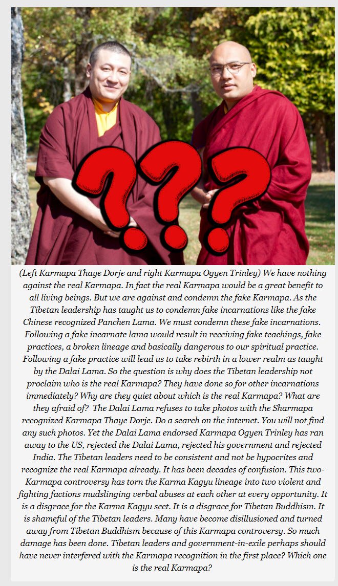 LoveFreeTibet's tweet photo. Why don't the Tibetan leaders point out the FAKE Karmapa after decades of Kagyu sect in-house factional fighting? So many are disillusioned already. Read more here- https://t.co/SYDMyF3sSx

#TheLieLama #JaiHind #DorjeShugden #buddhists #zen #bbc #buddha #samsara #huffpo #cnn https://t.co/lhgMvdQdY3