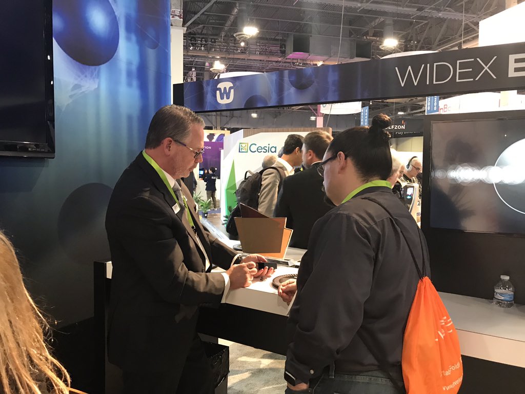 The tech demos start right away on day 3 of #ces2019 and our machine learning application in Evoke hearing aids is drawing much attention with attendees of all ages.