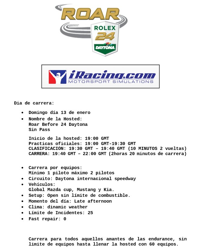 Bueno pues como los horarios de las oficiales de iRacing por trabajo no podemos correrla, sacamos una totalmente gratis para todos simracers.
Domingo 13 a las 20:00 abrimos hosted
<a href="/EscuderiaMadrid/">Escudería Madrid</a> <a href="/Simdrive_es/">@SIMDRIVE_es</a> <a href="/Ka_Khumu/">KA KHUMU Simuladores</a> <a href="/ichigosan2008/">ichigosan2008</a> <a href="/3DreamsProjects/">3DreamsProjects</a> <a href="/suarez_rivero/">victor suarez rivero</a> <a href="/RichiKnight/">Ricardo Carrillo</a>