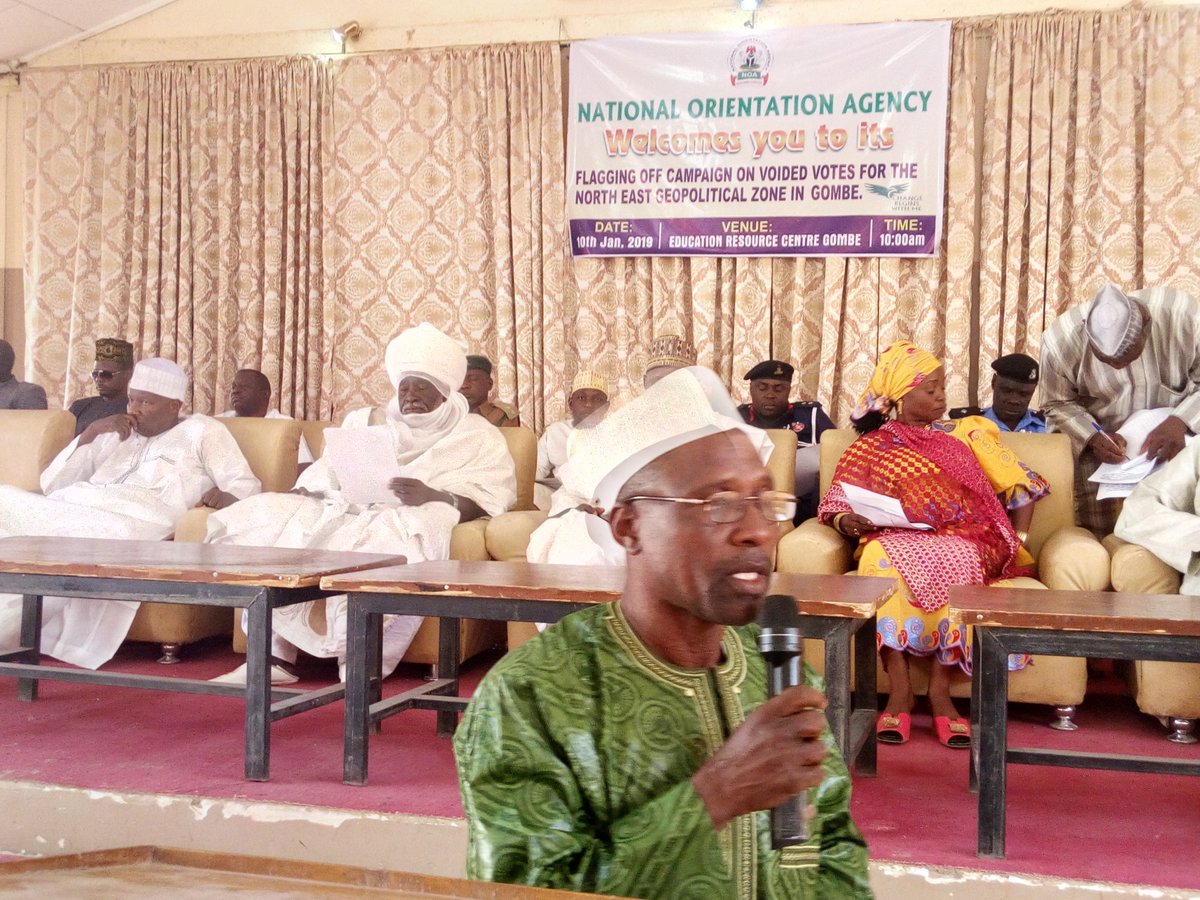 GombeNoa's tweet photo. National Orientation Agency has flag off North East Zonal campaign on void votes in Gombe State at Education Resource Center multi purpose hall on 10th January 2019. https://t.co/T6sfdcOnv2