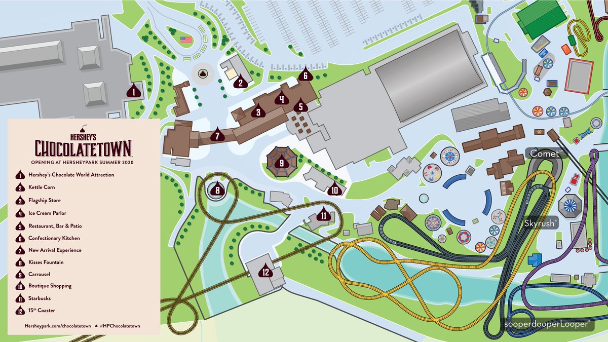 Hersheypark's tweet image. We're getting excited for summer 2020 and #HPChocolatetown! Check out our Hershey's Chocolatetown map and explore what's to come! bit.ly/2sjFRty