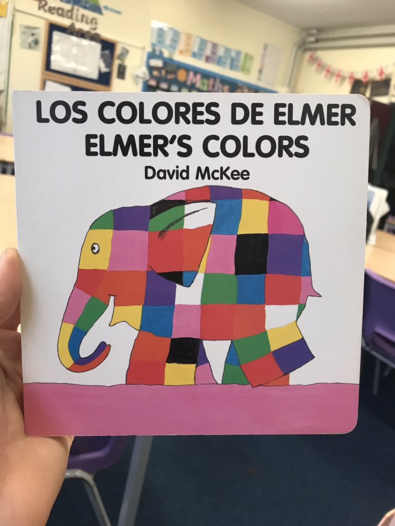 missbhammond's tweet photo. We’ve been doing colours so I read this to Year3 and 4 today. Obviously that’s a tick next to the “read great literature” box on the #KS2languages curriculum.😛✅ in all seriousness, any “great literature” primary MFL recommendations would be 👍🏼 #primarylanguages #Spanish #Elmer https://t.co/noIiaRNaQs
