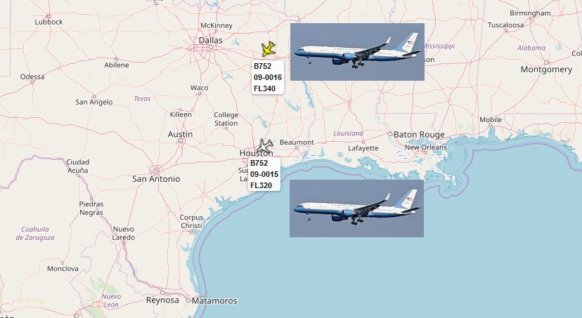 EightOneECHO's tweet photo. USAF Boeing C-32A tail nr 09-0015 as Air Force One #AF1 currently FL320 passing to the North of Houston, TX #POTUS @realDonaldTrump heading to McAllen International Airport #KMFE. POTUS back up plane USAF C-32A 09-0016 at FL340 SE of Dallas, TX now 🇺🇸 https://t.co/R5tAugPsdb