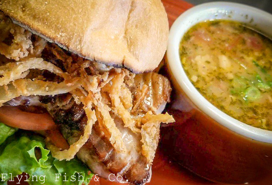 WVFlyingFish's tweet image. Seared tuna, fresh fried onion straws, veggies, and spicy mayo--on brioche, with Manhattan bacon clam chowder. It’s soup and sandwich weather anyway... plus this is DELICIOUS. 🤤