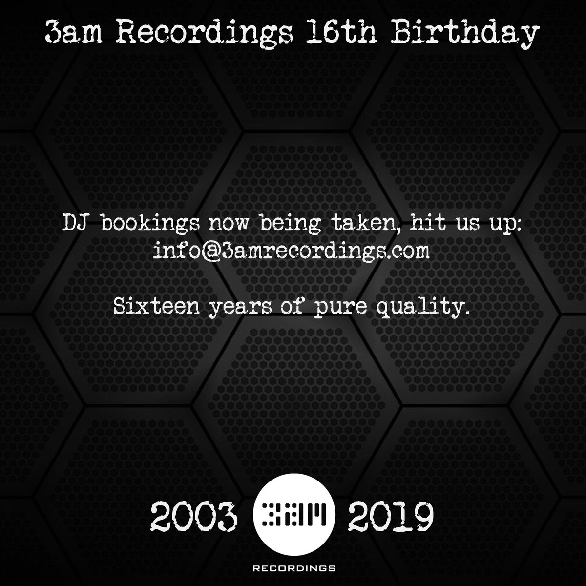 <a href="/3amRecordings/">3am Recordings</a> hits 16 years old this year - bookings coming in, so hit us up for artist availability etc; we'll see you on a dancefloor soon, kicking off with our new residency at <a href="/212BarLeeds/">The 212 Cafe & Bar</a> this Sat 12th #Leeds #recordlabel #vinyl #housemusic #deephouse