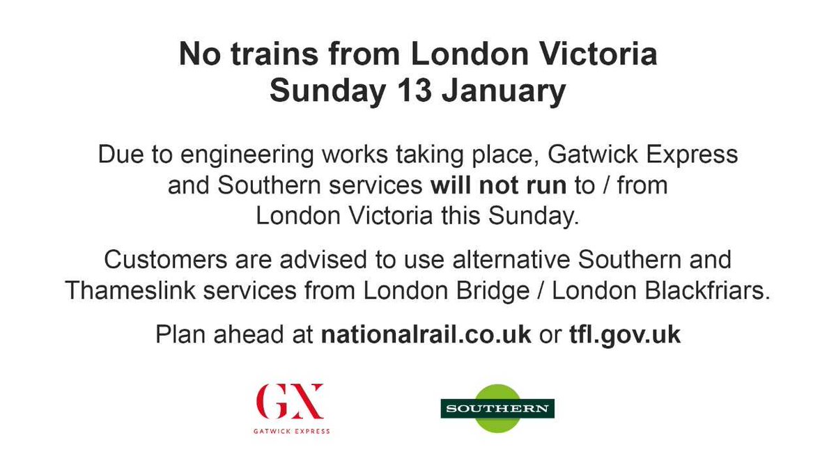 🚧👷️️ Engineering works are taking place on the network this weekend. 

⛔️On Sunday there will be no service to/from London Victoria as a result of engineering works.

ℹ️More info - southernrailway.com/travel-informa…  

🗺️ Plan ahead - ticket.southernrailway.com