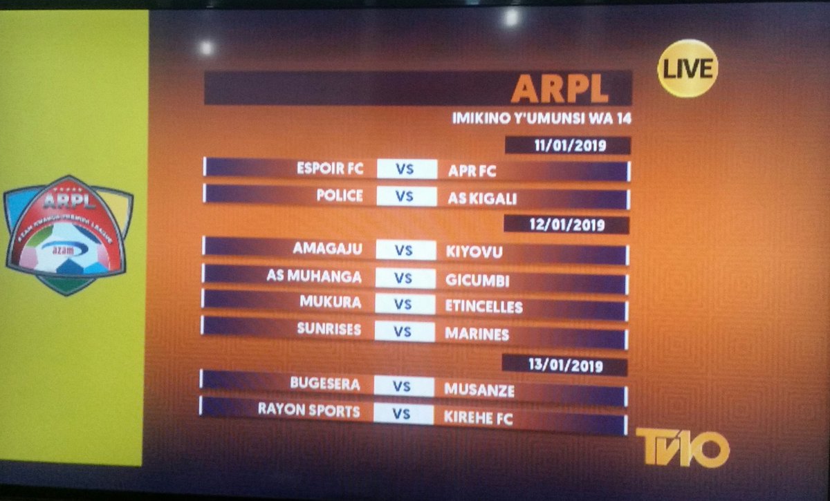 Radiotv10rwanda's tweet image. #ZoomSports:

1.@AzamLeague: Imikino y&apos;umunsi wa 14 izatangira ku munsi w&apos;ejo #APRFC.

Byinshi ku myiteguro amakipe afite, turabigarukaho.

2.#Zoominterview: Munyankindi Jean Paul

3.#ZoomGuest: Vincent Habamahoro.

Ikaze kuri #TV10 hamwe na @KarangwaJules!