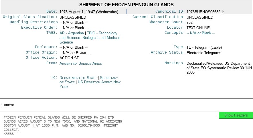 wikileaks's tweet image. Why did the U.S. State Department ship frozen penguin pineal glands from Argentina in 1973? wikileaks.org/plusd/cables/1…