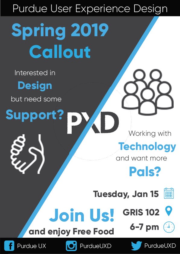 PurdueUXD's tweet photo. PXD's Spring 2019 callout is next Tuesday! Join us to learn more about UX at Purdue, meet other UX-interested students, and enjoy free food! #PurdueUX https://t.co/6YTu150s5C