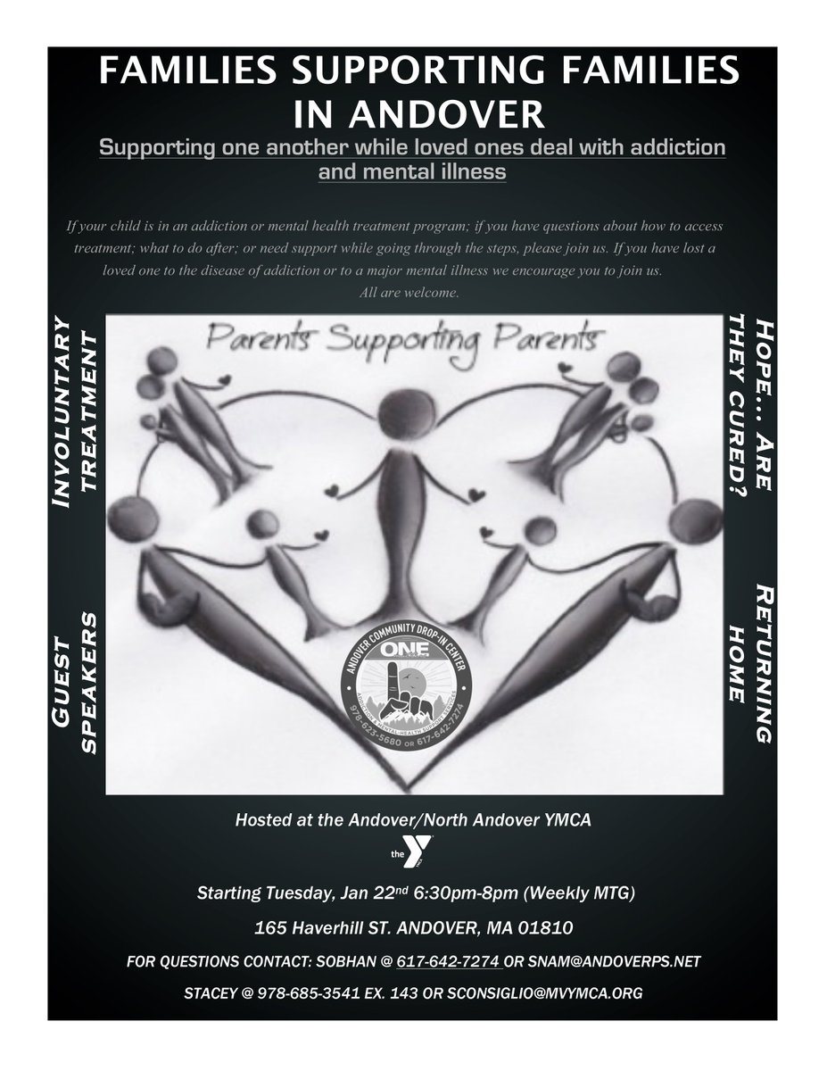 MVYMCA's tweet photo. Parents Supporting Parents is a new support group through @CsSAndover Andover Community Support Services and the Andover/North Andover YMCA. Starts Jan 22nd. All are welcome! #OneMatters #StrongerTogether #mvymca https://t.co/vWDKgtWtGg