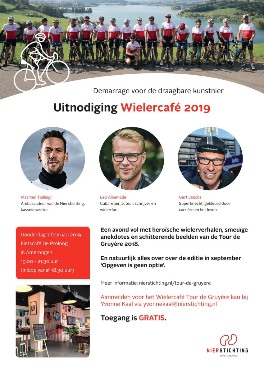 7 februari is het zo ver, het wielercafe voor de <a href="/Nierstichting/">Nierstichting</a> in #Amerongen bij de Proloog. In gesprek met het publiek, anekdotes uit de koers, sterke verhalen van <a href="/alkemaatje/">Leo Alkemade</a>, @gertjakobs64 en ik en natuurlijk de indrukken van de Tour de Gruyere 2018. Meld je aan! Tot dan!