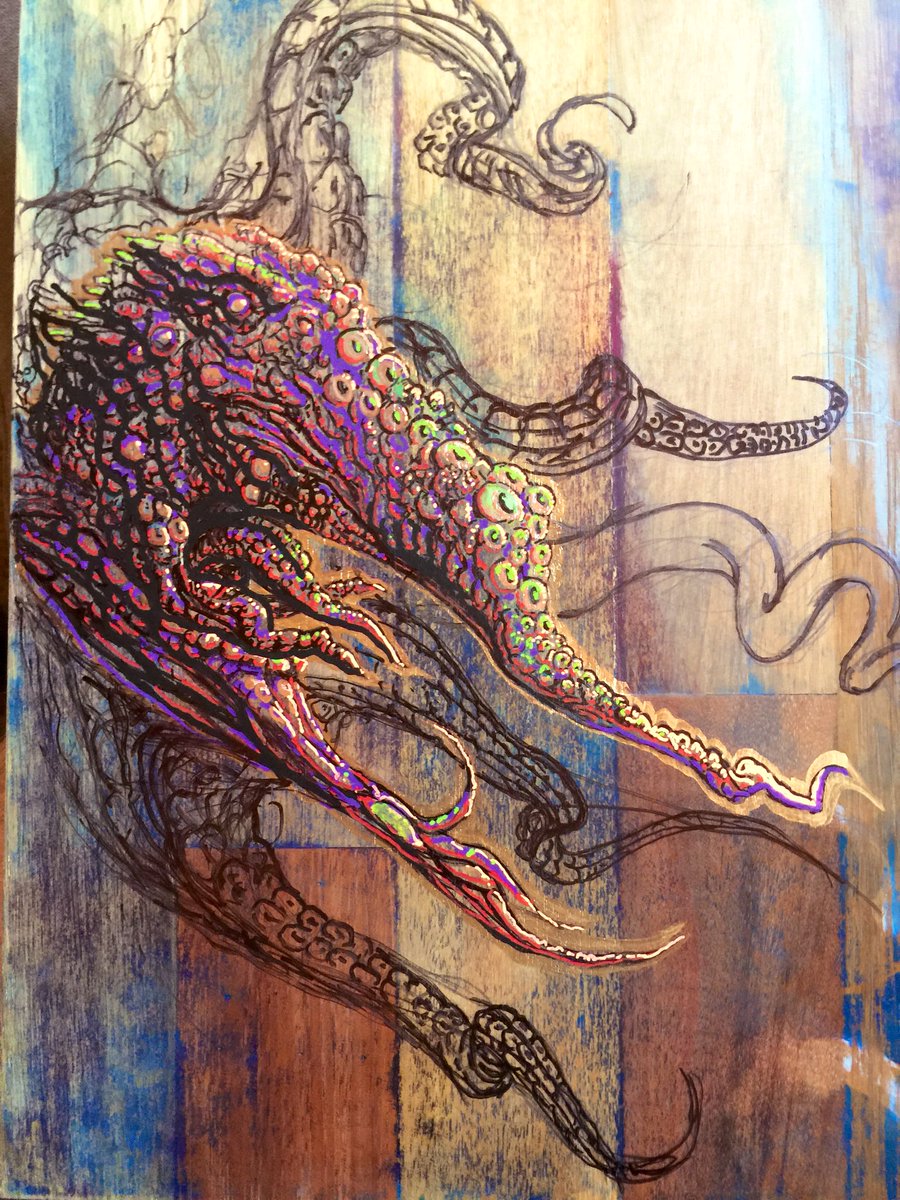 NovaHammer2's tweet photo. Early in the process on another oil on reclaimed wood panel @viridianwood will post the final of this. Was fun to just go nuts on texture and shape 😬 https://t.co/hkYgxU0TfL