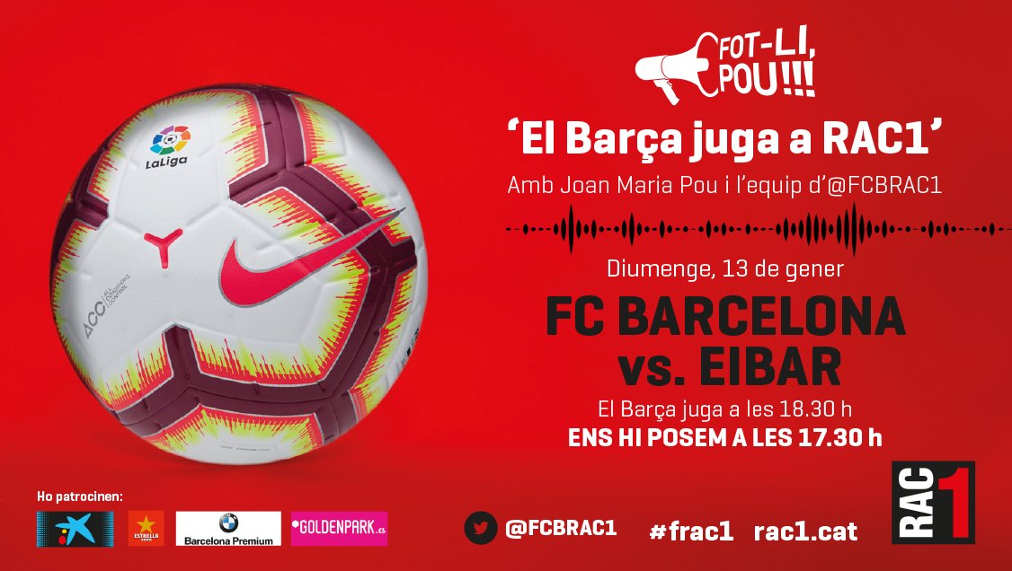Esports RAC1 (@esportsrac1) on Twitter photo 🎟Sortegem dues entrades dobles per al BARÇA-EIBAR!
👉Fes un RT al tuit fixat a <a href="/EsportsRAC1/">Esports RAC1</a>
📆diumenge 13/1 ⏰18:30h
📍Camp Nou
🍀Sorteig dissabte al #TuDiràs 🎟Sortegem dues entrades dobles per al BARÇA-EIBAR!
👉Fes un RT al tuit fixat a <a href="/EsportsRAC1/">Esports RAC1</a>
📆diumenge 13/1 ⏰18:30h
📍Camp Nou
🍀Sorteig dissabte al #TuDiràs