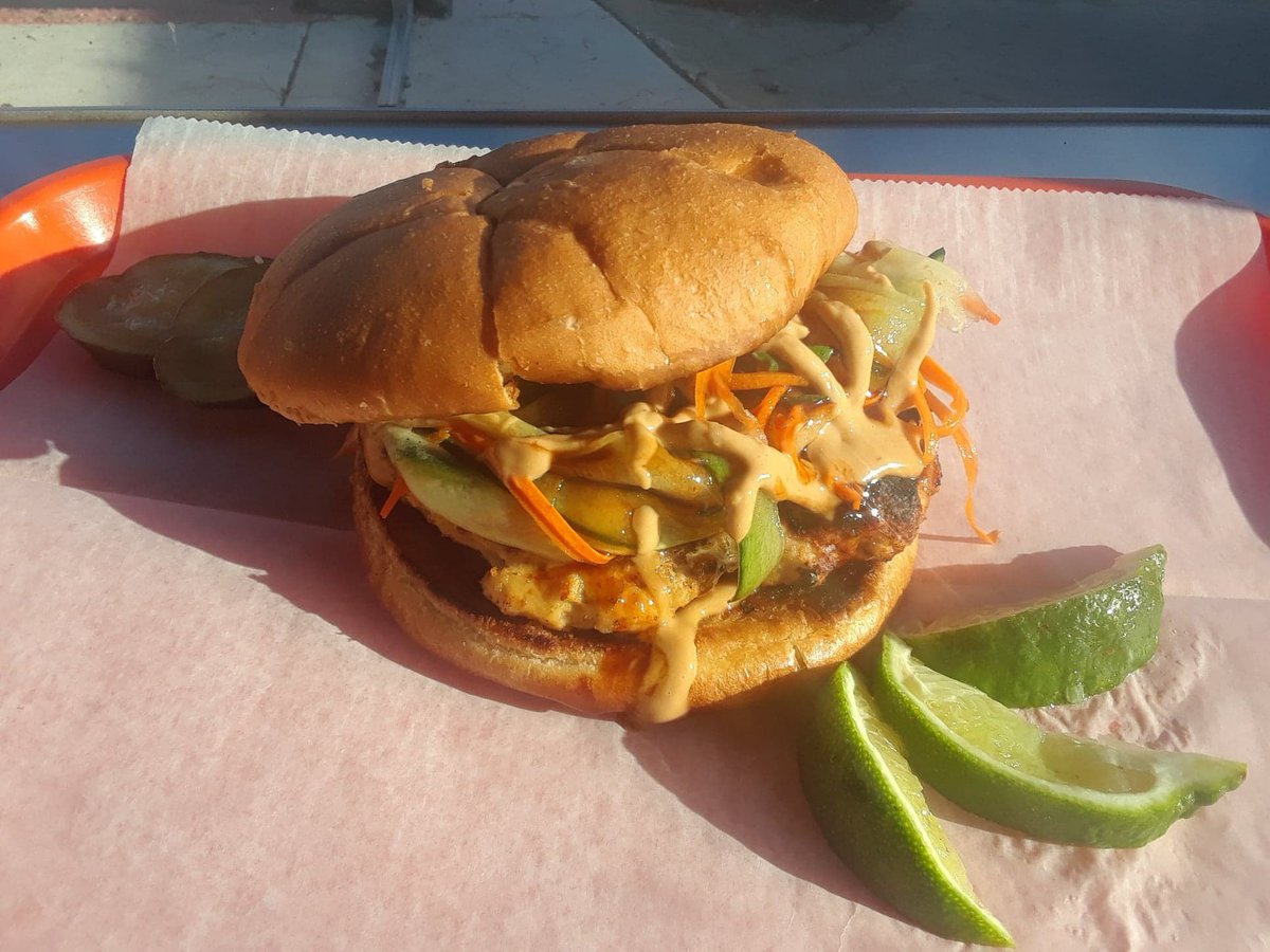 TheAtomicDawg's tweet photo. The #AtomicDawgWeeklySpecial is the Chicken Satay Burger: A Thai marinated chicken patty topped with carrot, cucumber, homemade peanut sauce and hoisin glaze.

Available for a limited time! https://t.co/G6mPjOUUxi