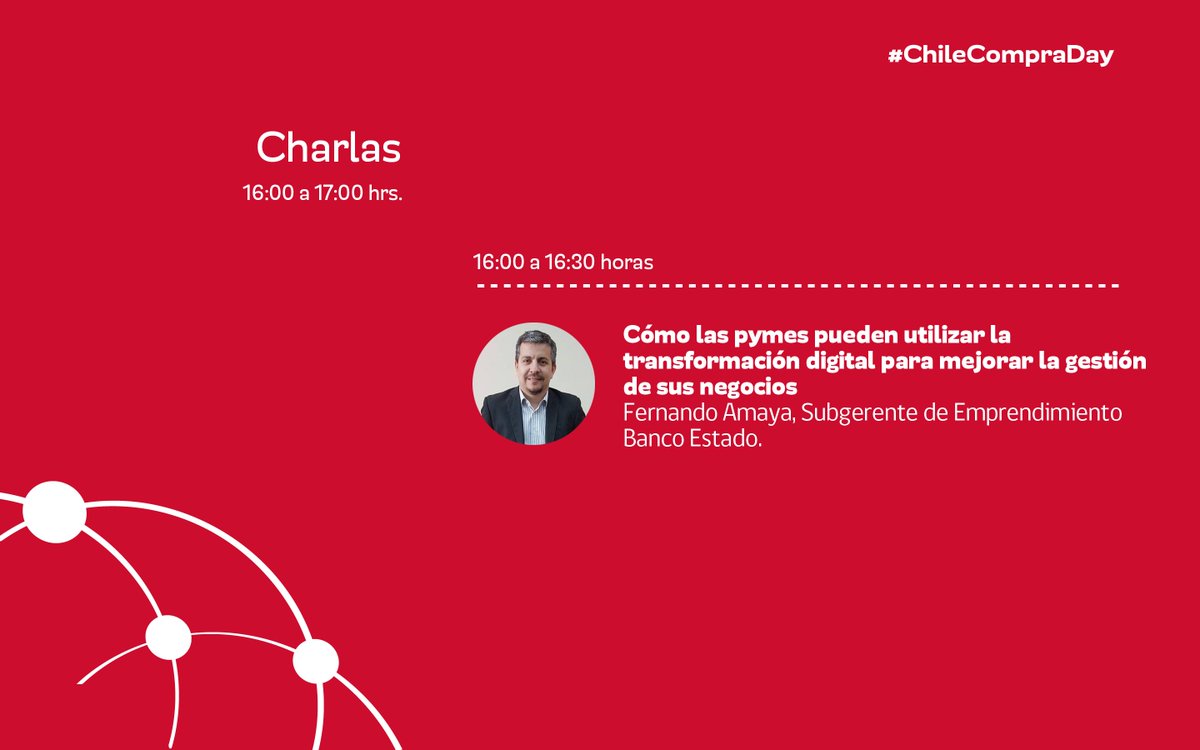 ChileCompra's tweet photo. Inicia la charla: Digitalizando mi Negocio Digital. Entérate Cómo las pymes pueden utilizar la #TransformaciónDigital para mejorar la gestión de sus negocios. Expone Fernando Amaya, subgerente de emprendimiento de @BancoEstado #ChileCompraDay https://t.co/ySXrg62dEZ