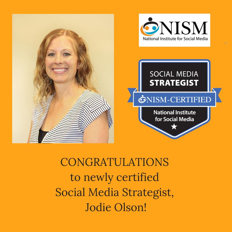 nismonline's tweet photo. Please join us in welcoming @jellenolson to the family of NISM-certified Social Media Strategists (SMS)! Congratulations, Jodie! #SMSCert https://t.co/irolw6byad