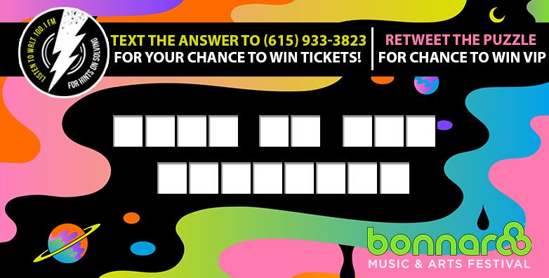 Lightning100's tweet photo. Third time's a charm. Let's see what you've got! Text your guesses to 615-933-3823 to enter to win tickets to @Bonnaroo! @danbuckley (who we're now referring to as Pat Sajak) has on air clues for the next hour! #RooRadio https://t.co/0xQAY6Loar