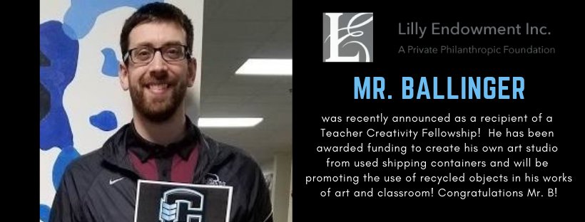 Congratulations to Mr. Ballinger!  If you would like to know more about the Lilly Endowment and the Teacher Creativity Fellowship, click the following link. #CMS180 #creativeteaching #greenart
ow.ly/lN7R30ngzKJ