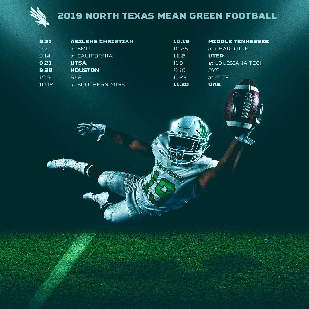 MeanGreenFB's tweet image. The 2019 #MeanGreen schedule is out!

It features:

6⃣Texas opponents 
5⃣ Bowl teams from 2018
4⃣ Teams with 8 or more wins last season
3⃣ Home games before October
2⃣ @ConferenceUSA divsional champions
1⃣ Common Goal!

#GoMeanGreen #TheMGStandard

mgrn.us/2QCEfo5
