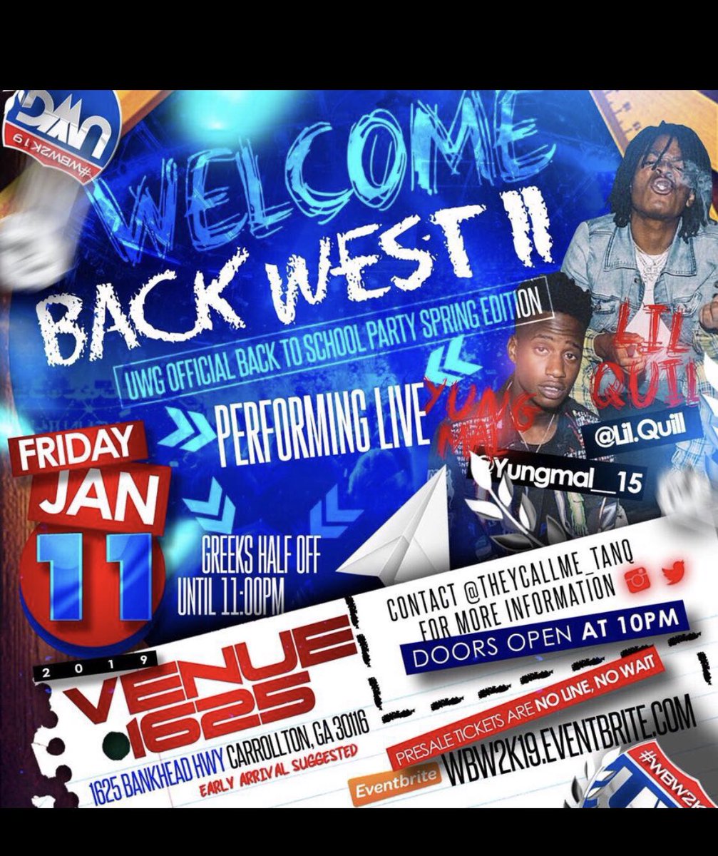 OH THIS SHIT TOMORROW YALL NOT READY ‼️‼️‼️ 🔴🔵Welcome Back West II🔴🔵
UWG Official Back to School Party
1625 Bankhead Hwy Carrollton Ga
Lil Keed Performing Live ‼️
YSL 🐍 Takeover 
Doors open at 10PM
#UWG22 #UWG21 #UWG20 #UWG19