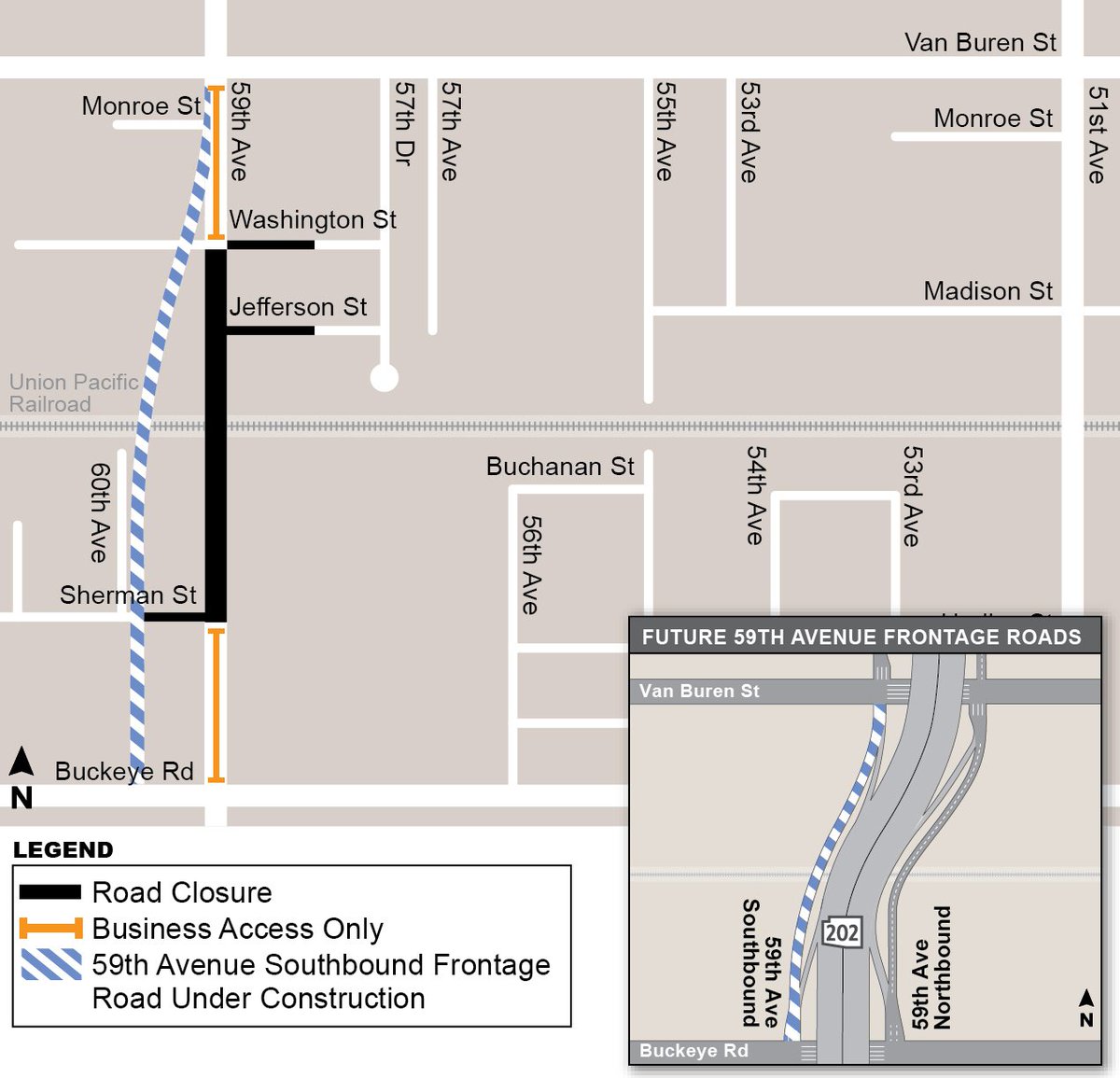 ArizonaDOT's tweet photo. HAPPENING TONIGHT: 59th Avenue will close between Buckeye and Van Buren through March starting at 7 p.m. Friday for construction of the South Mountain Freeway. Read more here: https://t.co/FlCDdibdxv https://t.co/gOR2z8Lt9W
