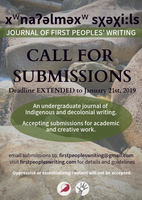 FirstPeoples's tweet image. Our submission deadline has been extended to JANUARY 21st at 11:59PM. Submission guidelines here: firstpeopleswriting.com/submit/