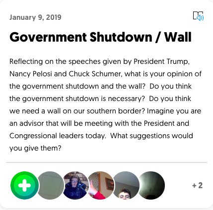 NicoleHildy's tweet photo. Current Events students shared their opinions about the government shutdown and the building of a wall on our southern border using @Flipgrid.  When you give them the opportunity to share their ideas, they never disappoint. #allinforhuskies @srchuskies #currentevents #thefuture https://t.co/8vnrA2Ovgl