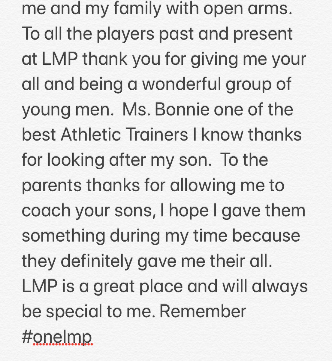 To everyone at LMP from Coach Dycus #onelmp