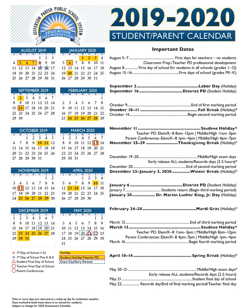 Jefferson Parish School Calendar.