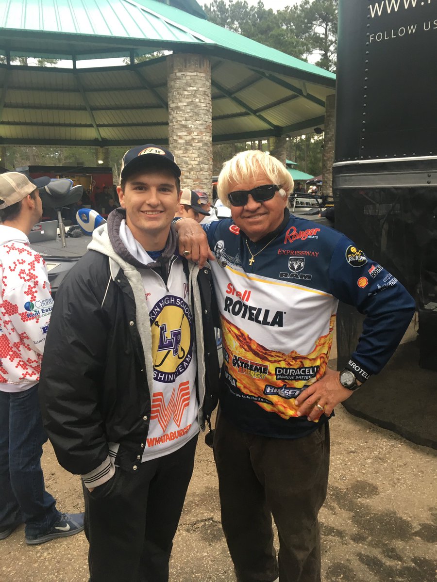 Lufkin High School Fishing Team anglers Kalen Park and Brent Pigg got to rub shoulders with some big wigs in the professional bass fishing world while they represented LHS at the FLW Tour event on Sam Rayburn today. #LufkinHighSchool #FLW #LufkinU