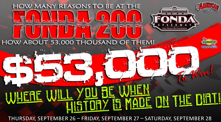 thefondaspdwy's tweet photo. Where will you be when history is made?!

The Fonda 200 will now pay an unheard of, $53,000 to win! Stay tuned for more! https://t.co/voESHyNf3d