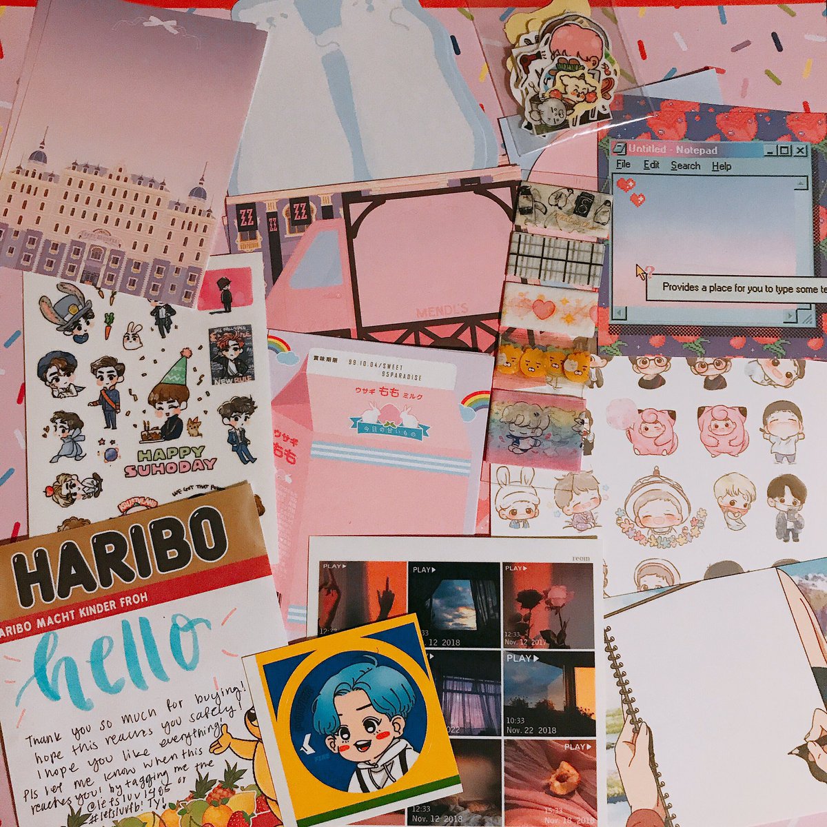 ppennyx's tweet photo. the stationery set I bought @letsluv1485!! everything is so cute!! uwu i love everything that you gave me!! #letsluvfb https://t.co/kAN9LC79jP