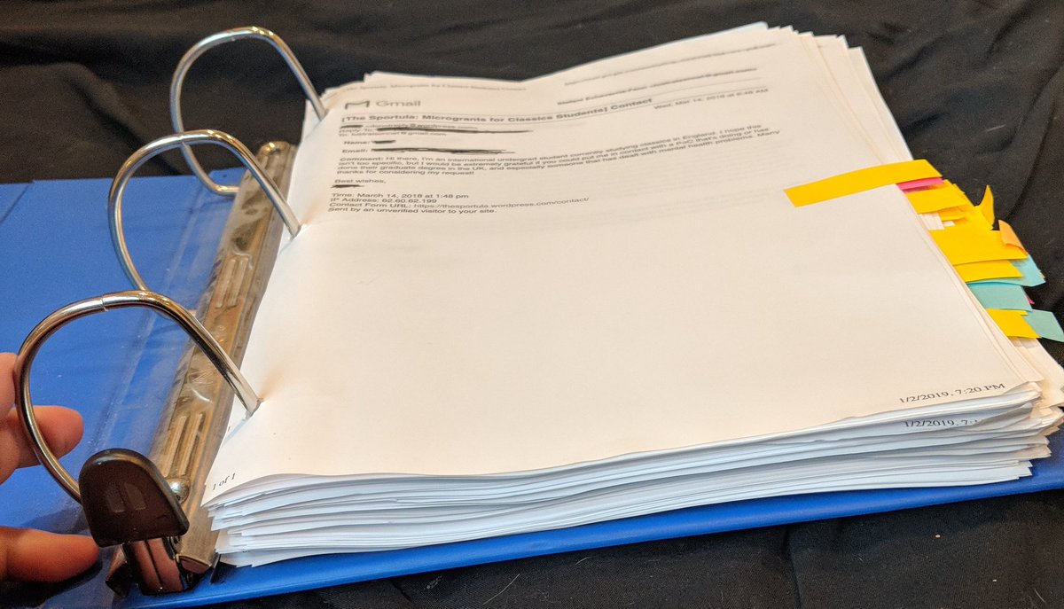 Libertinopatren's tweet photo. One reason we were at #aiascs2019 was to show our legitimacy/transparency as an ethereal 'net based collective with this binder-- every single email request and grant we gave out last year (ID details redacted). We'll be making it into a PDF soon, but just to whet yr appetite.. https://t.co/TfLSKns0Rg