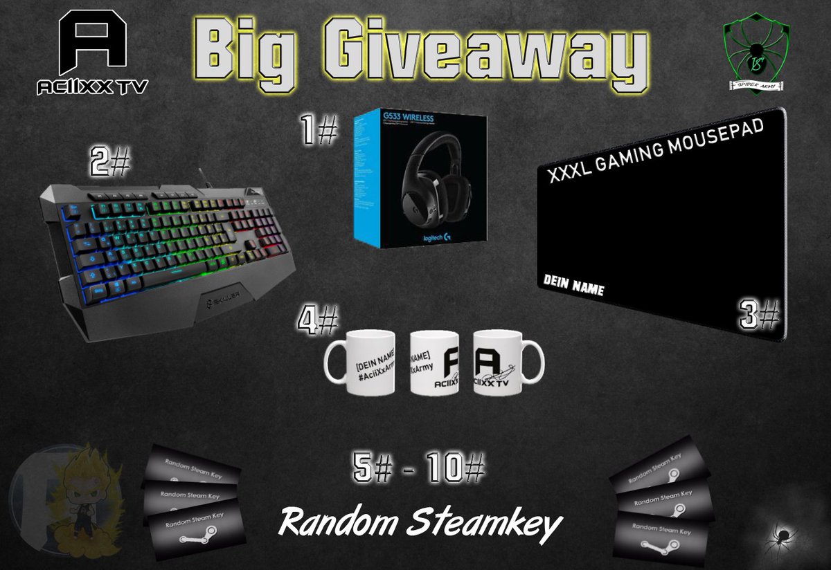 AciiXx_TV's tweet photo. Es geht wieder los!!! Das BigGiveaway von Voglspinner und mir hat begonnen!
Zu gewinnen gibt es unter anderem folgende Preise: 
Logitech G533 - GamingTastatur - XXL Gamingmauspad und vieles mehr!

🙂 Link zum Giveaway:

https://t.co/ykTfd9geFJ

Viel Glück an alle Teilnehmer :-) https://t.co/Bxm4UxfEEv
