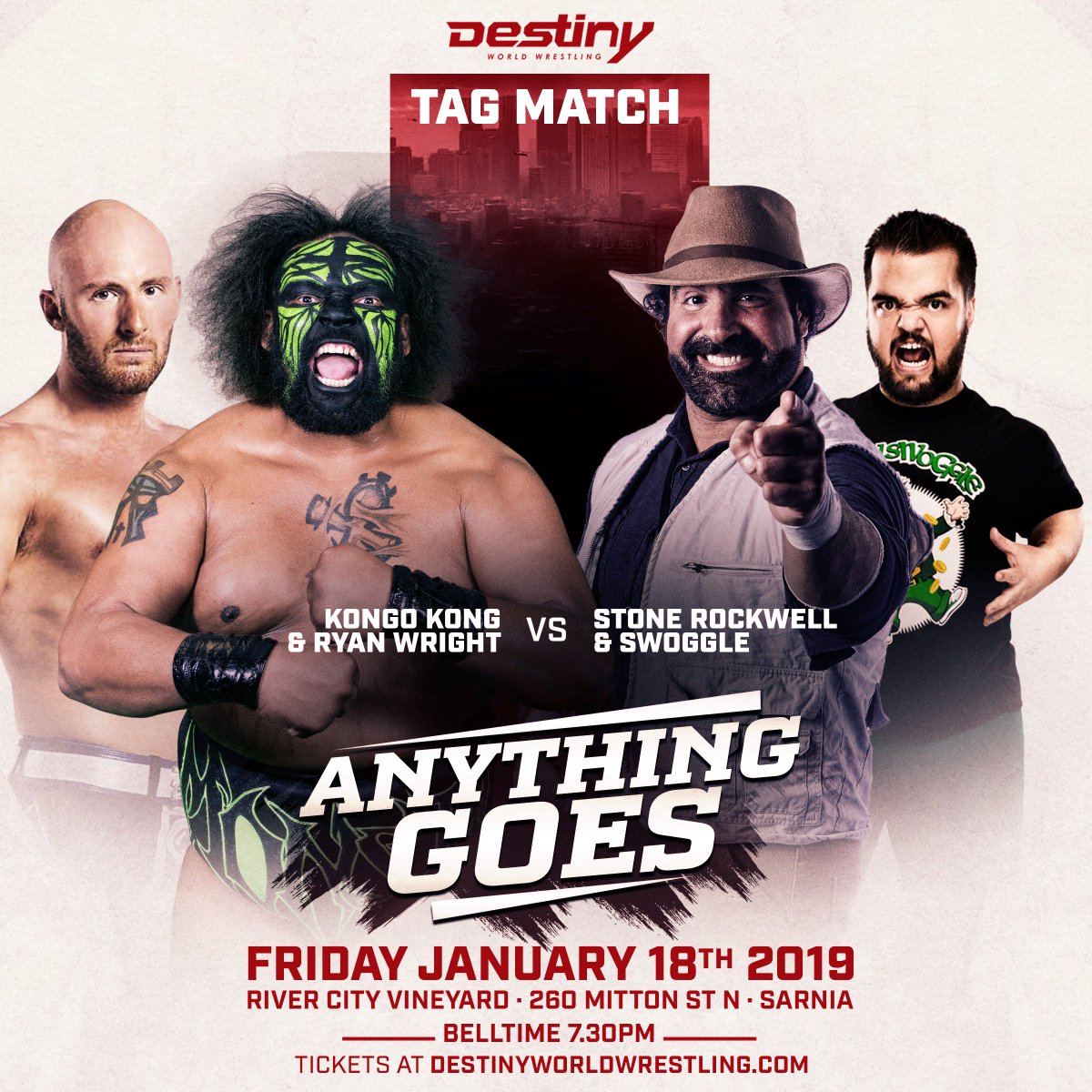 HUGE co main event for SARNIA next Friday Jan 18 🇨🇦

Ryan Wright &amp; Impact star Kongo Kong VS

The adventure Stone Rockwell &amp; former wwe star Swoggle

get your tickets NOW bit.ly/2Ratdff