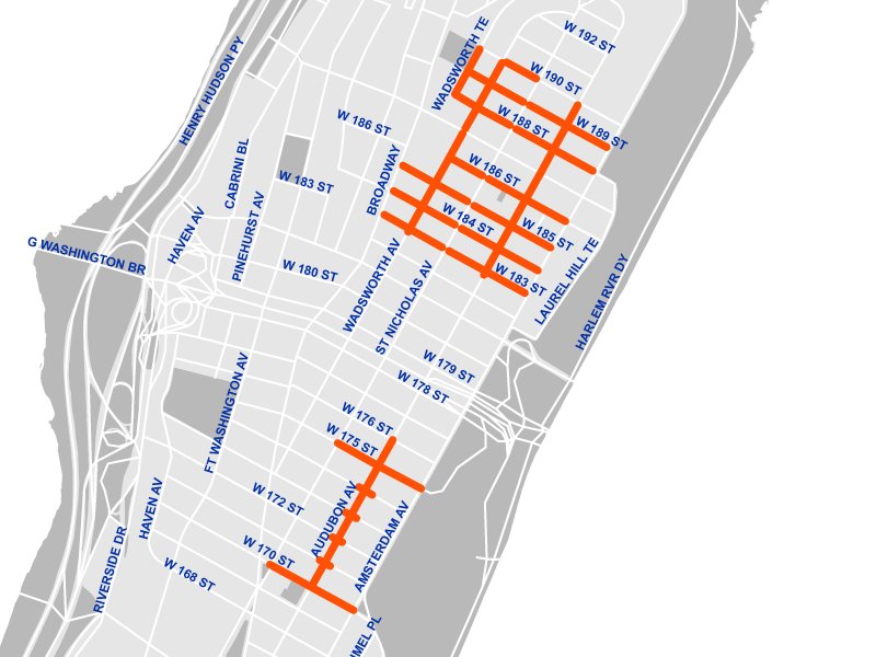A project map showing water and gas main upgrades on 50 blocks of Washington Heights in a $31 million infrastructure project