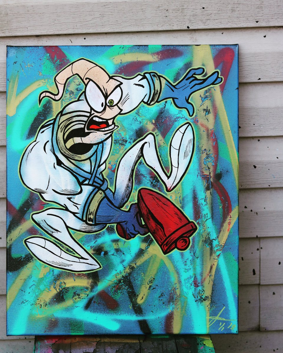ChrisEcto1's tweet photo. 16x20 Earthworm Jim on stretched canvas. Tag some you know who used to play this game. #earthwormjim #art #drawing #s #pencil #sketchbook #artist #colour #playstation #cartoon #inktoberinnovember #medieval #worms #knight #martini #hackneywickcreatives #griffin #videogames #ps https://t.co/KSp4BaY1Vq
