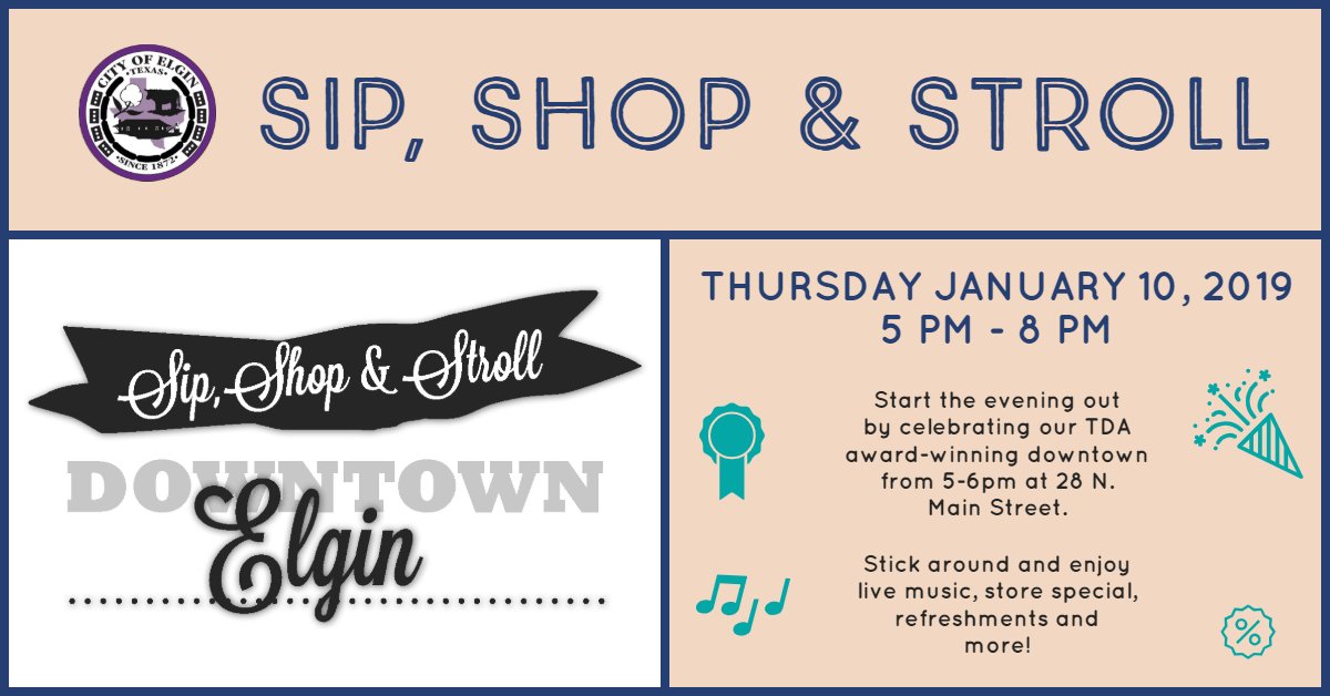 MyElginTX's tweet photo. TONIGHT!! Start the evening out by celebrating our TDA award-winning downtown from 5-6pm at 28 N. Main St. Stick around and enjoy live music, store specials, refreshments and more during Sip, Shop & Stroll from 5-8pm
#ElginTX #myelgintx #loveelgin #visitElginTX #SipShopAndStroll https://t.co/E1Jgb2QPWM