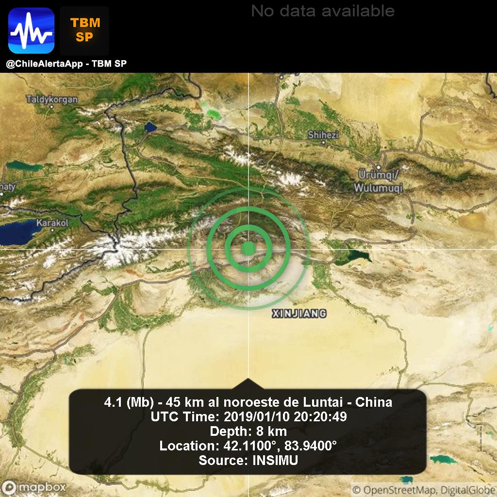 ChileAlertaApp's tweet photo. New #Earthquake. 🌎
4.1 (Mb) - 45 km al noroeste de Luntai - China.
2019/01/10 20:20:49.
#Luntai-China App: https://t.co/e1jlc9uim5 #Temblor #Sismo #alert https://t.co/Uqx111dzO4