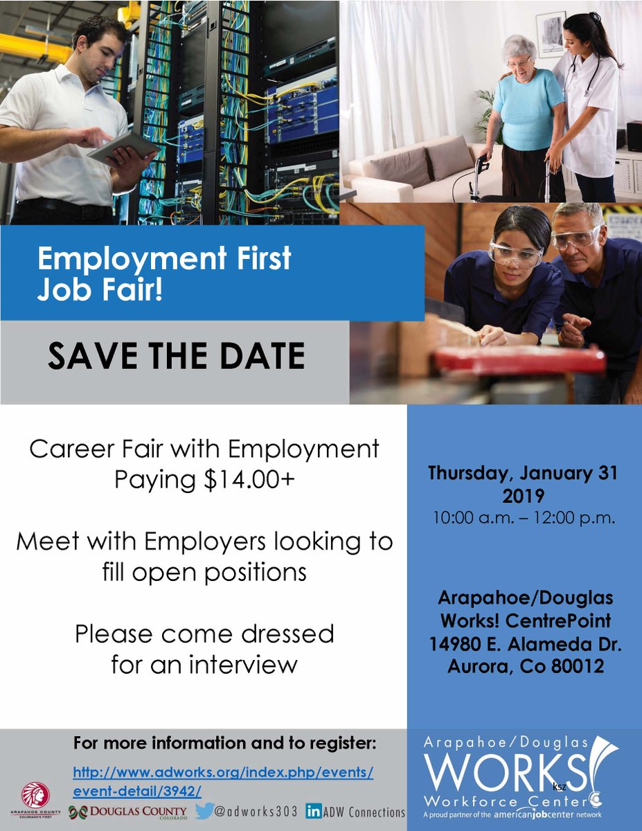 ArapahoeSO's tweet photo. Is 2019 bringing a career change? We'll be at this @adworks303 Employment First job fair! Thursday, Jan. 31 from 10 am to noon. We're hiring so we look forward to seeing you there! #Work4ArapSO https://t.co/C7jQGgYL64