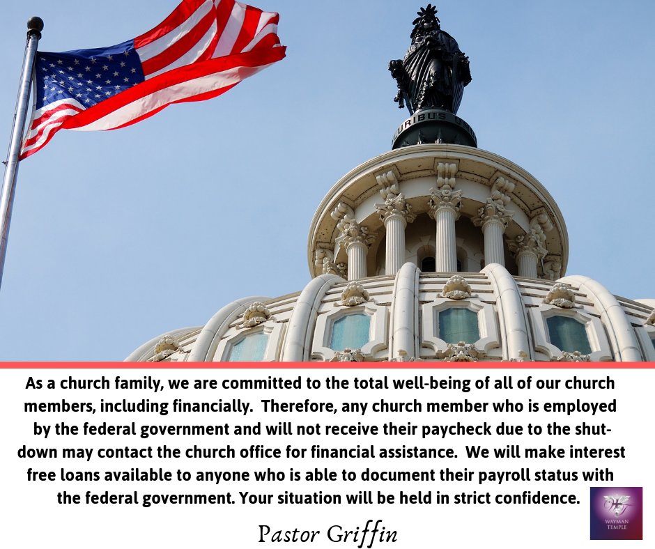 waymanmin's tweet photo. A message from our Senior Pastor, Dr. Mark L. Griffin.
#WaymanMinistries #GovernmentShutdown #Assistance #churchmembers #MakingADifference #RekindlingTheFellowship https://t.co/RphRjqy1RH