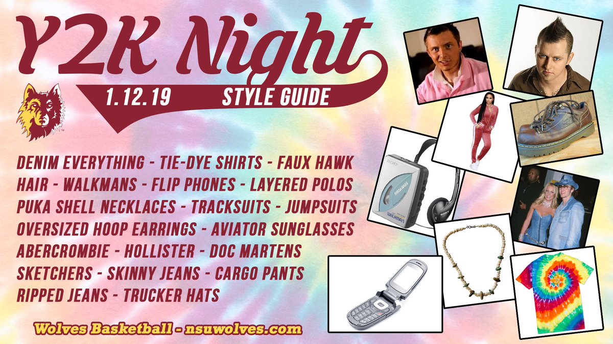 nsuwolvesclub's tweet photo. In case you aren't sure how to participate in 'Y2K Night' on Saturday, here is a style guide to help plan your throwback outfit #GoWolves #Y2KNight https://t.co/jEINl3RKUZ https://t.co/KH3vUoJAnO
