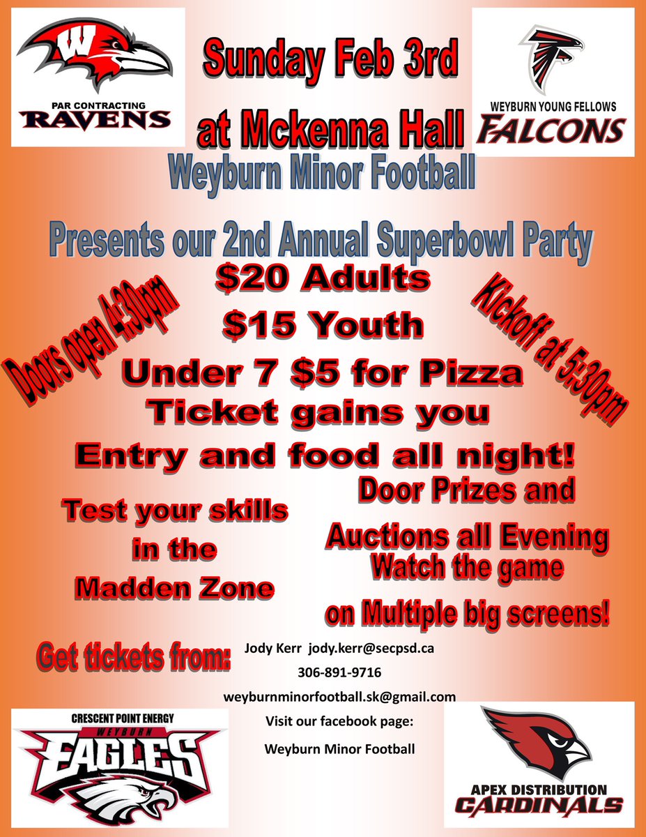 We are so excited! Contact a member of the board today or email us at weyburnminorfootball.sk@gmail.com to get your tickets for our 2nd Annual Super Bowl Party!
