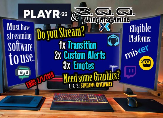TwinGatzIT's tweet image. Starting @ 5pm EST! My 1st 
@PlayrGG #Giveaway for a custom stream graphics package! Want a transition, some new follower/host alerts, or some custom emotes?!? Just use this link and enter for your chance to win over $100 in design! Click the link and RT! playr.gg/contest/SejnzLz