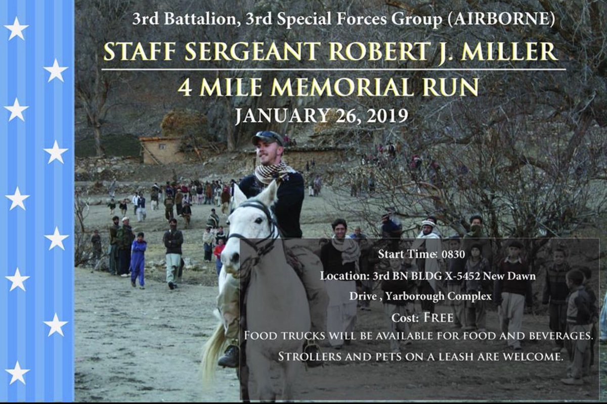 NightmareTac's tweet image. USASOCNews: Join 3rd Battalion, 3rd Special Forces Group (Airborne) at their Staff Sgt Robert J. Miller 4 Mile Memorial Run. January 26, 2019.

#MOHRecipient #3rdSFG #SOF #Run