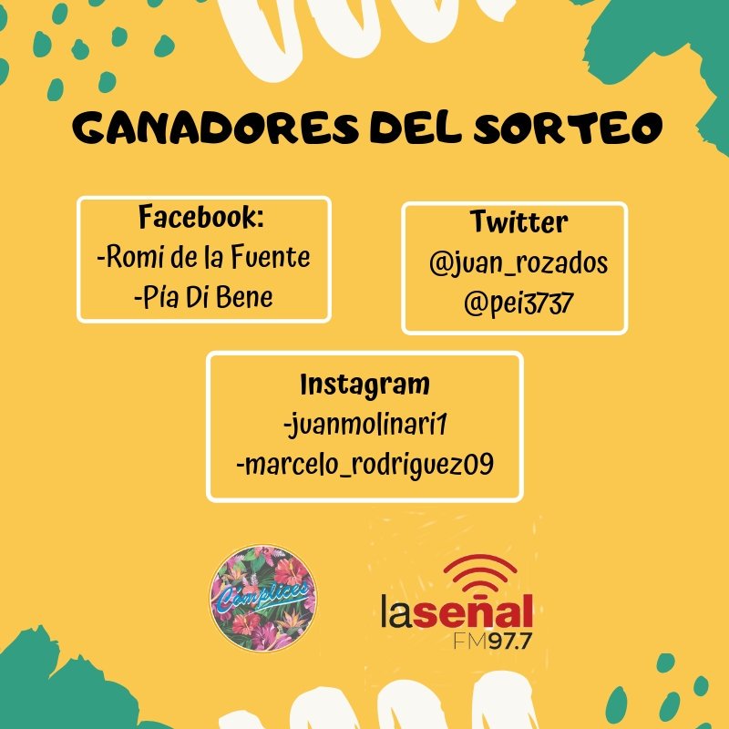 F_Battimanzi's tweet photo. ¡Felicitaciones a lxs ganadores del sorteo!
Gracias a todos por participar

Sos parte, sos cómplice.

@juan_rozados 
@pei3737 

@Complices_977 
@CruzDelEjeMuni https://t.co/gBmmM9PTGH