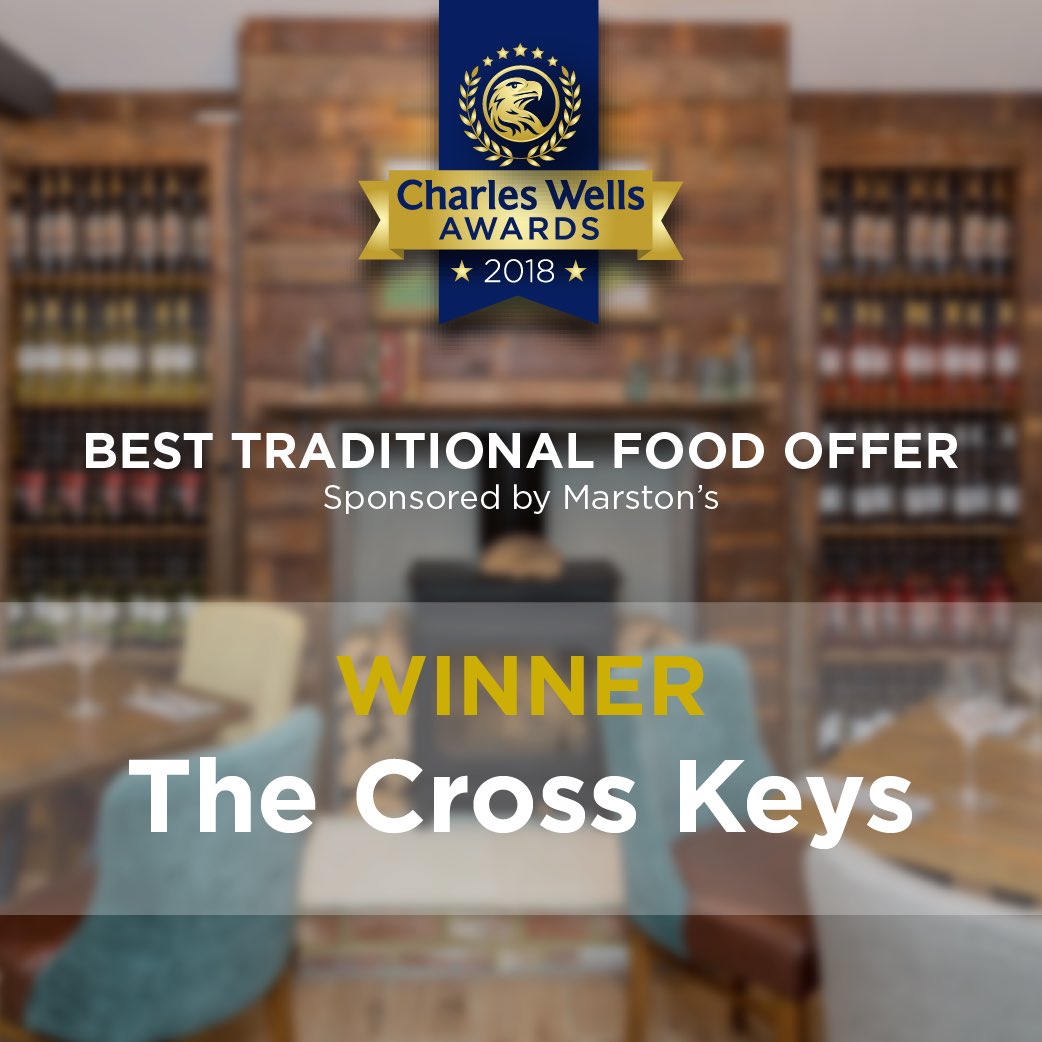 Next up! A huge well done to <a href="/CrossKeys_MK/">Cross Keys</a> on picking up Best Traditional Food Offer sponsored by @MarstonsBrewery! Enjoy the rest of your evening! 🥂🎉 #CharlesWellsAwards2018 h