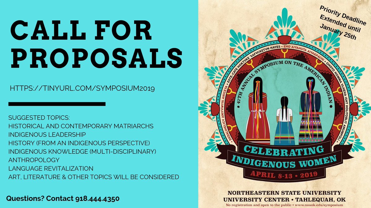 📢 Proposal priority deadline extended to Jan. 25! 📢

NSU’s American Indian Heritage Committee is accepting proposals for the 47th Annual Symposium on the American Indian to be held April 8-13, 2019, at NSU in Tahlequah.